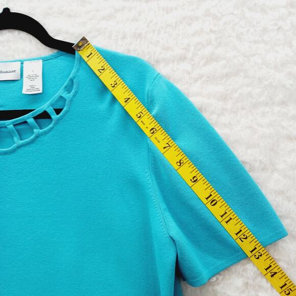 T-Shirt Size M Aqua Knit Pullover Lattice Neck Short Sleeve Soft Girl Basic Y2K - Picture 5 of 10